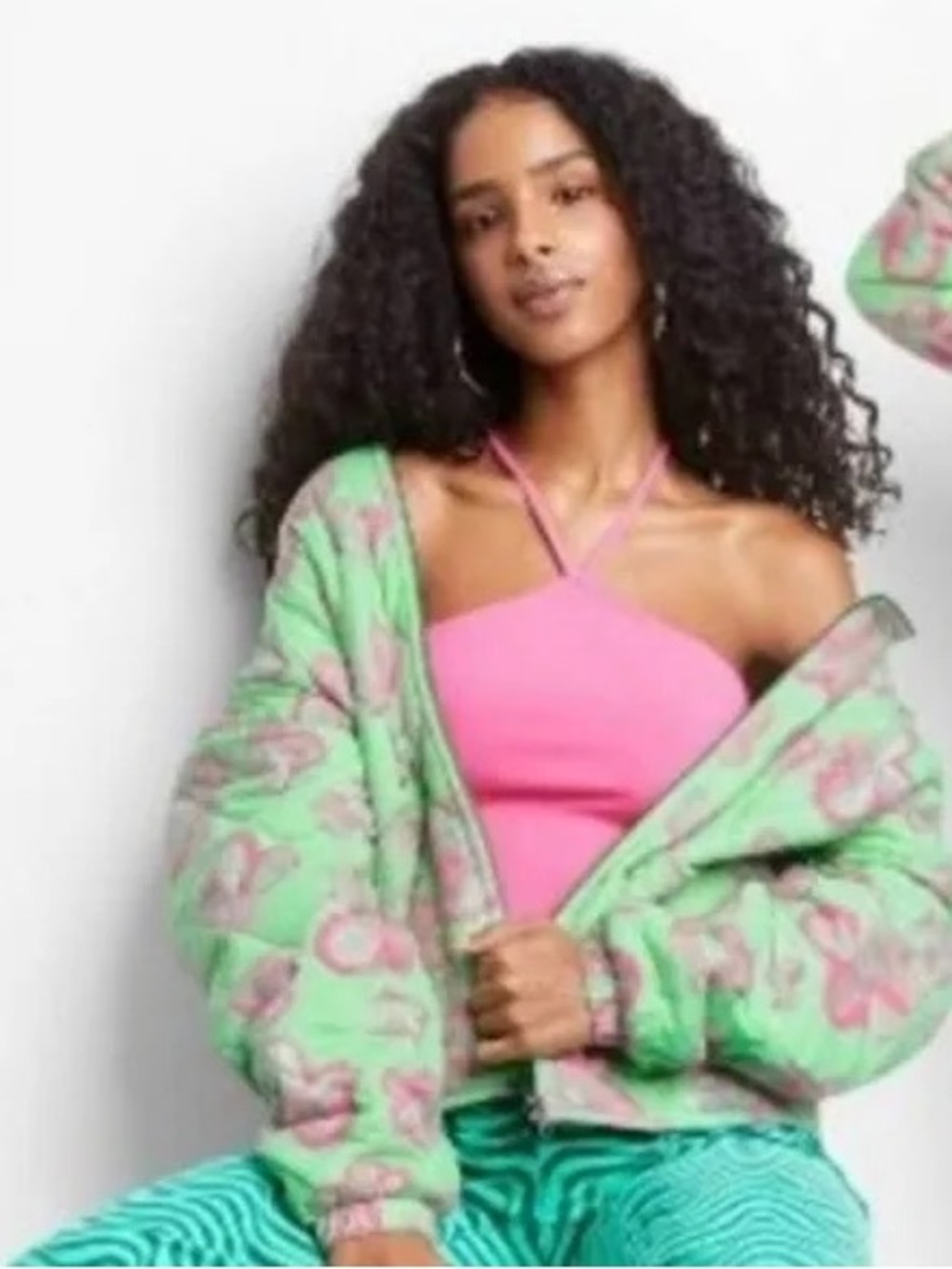 Wild Fable Quilted Floral Puffer Jacket Lime Green & Pink - XXL